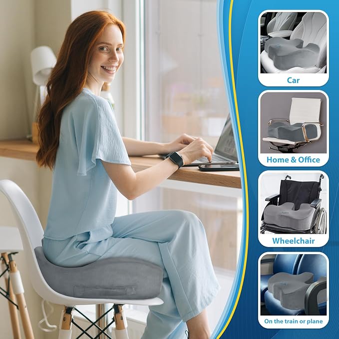 BlissTrends Thick Seat Cushion for Office Chair & Car Seat, XL, LightGrey | Memory Foam with Removable Cover, Ergonomic Tailbone & Sciatica Support for Pressure Relief and Long Sitting, 3.9" Thick - Image 6