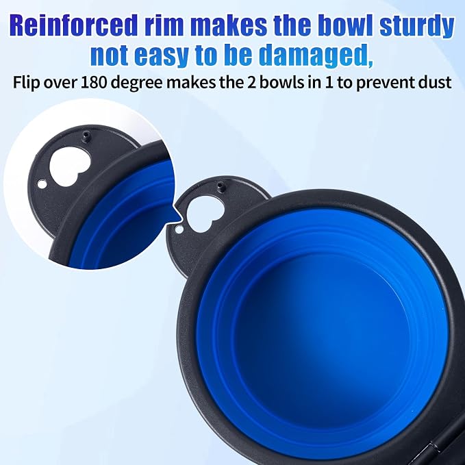 SLSON Collapsible Dog Dual Bowls Reinforced Rim 180 Degrees Flip Over Foldable Double Bowl with Lock Clips More Stable Dog Travel Bowls Pet Food Water Feeder (Blue) - Image 4