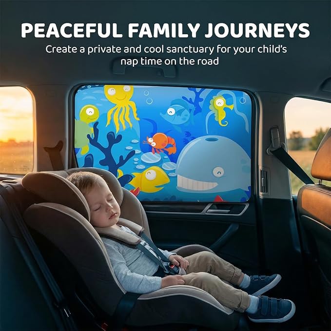 Magnetic Car Window Shade for Baby, Cartoon Pattern Automotive Side Window Blackout Curtain, Vehicle Sun Shade UV Privacy Protection Heat Blocking Cover, Universal Fit (Undersea) - Image 4