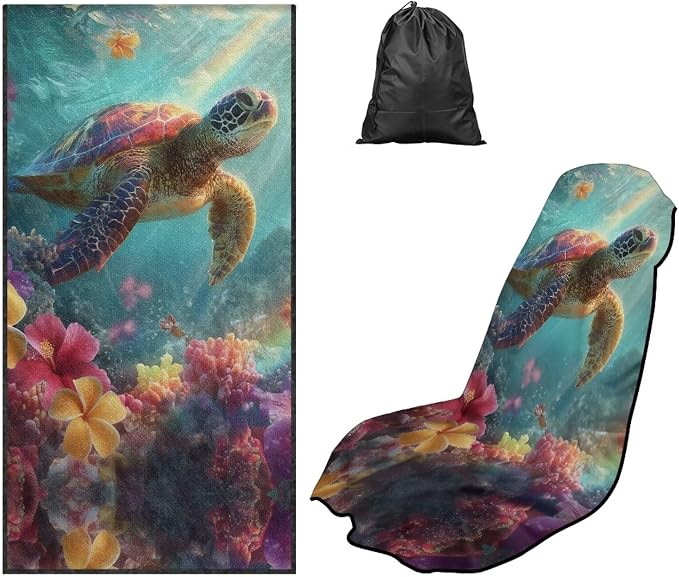 Sea Turtle Print Car Seat Towel Covers Front Seats Hibiscus Plumeria Print Seat Shield for SUV Truck Sedan Quick-Dry Athletic Towels for Car Seats with Storage Bag by Baxinh