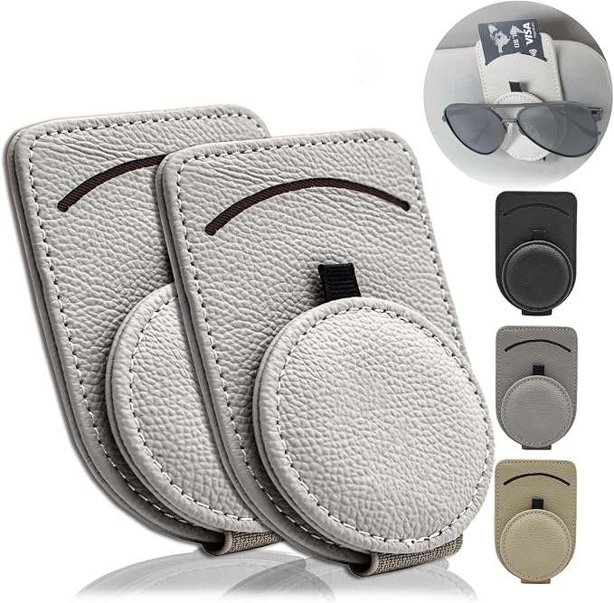 Sunglass Holder for Car Visor, Magnet Adsorbed Sunglasses Holder for Car Accessories Parts, Leather Car Sunglass Holder, Car Visor Sunglasses Clip for Glasses Cards (2PCS, Gray) by Sufilux