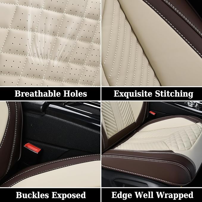 Coverado Leather Car Seat Covers Full Set, 5 Seats Waterproof Seat Covers for Cars Front and Rear Seat Cushions Protectors Universal Fit Most Vehicles (Bronw&Beige) - Image 8