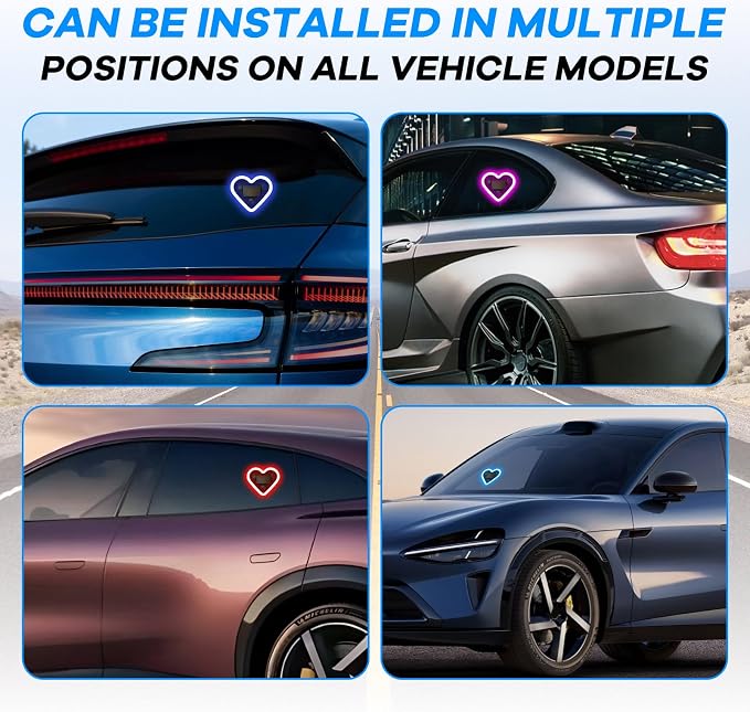 2PCS Car Window Wireless LED Ambient Light Solar Powered Love Heart Shaped Neon Lamp for Night Driving Interior Decor Accessories Romantic Gift for Women Girl Couples-Blue - Image 5
