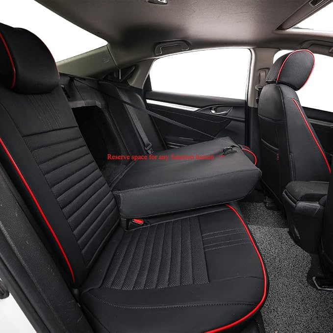 EKR Civic Seat Covers Custom Fit for Honda Civic (Sedan) Sport 2022-2024 & LX 2025-2026 (Rear Backrest One Piece W/NO Armrest),Waterproof Car Seat Cover Full Set,Faux Leather (Black with Red Trim) - Image 4