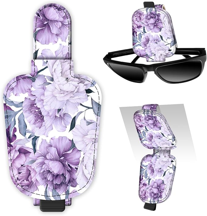 Leather Magnetic Sunglass Holder for Car Sun Visor, Cute Eyeglass Ticket Card Hanger Clip, Universal Auto Interior Accessories for SUV Pickup Truck Purple Floral by Unknown