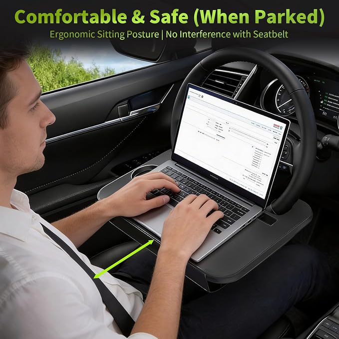 2-in-1 Steering Wheel Tray & Seat Gap Organizer | Portable Steering Wheel Desk with Cup Holder & Pad Slot, Car Food Desk for Laptop, Working, Eating, Multipurpose Accessories - Image 7