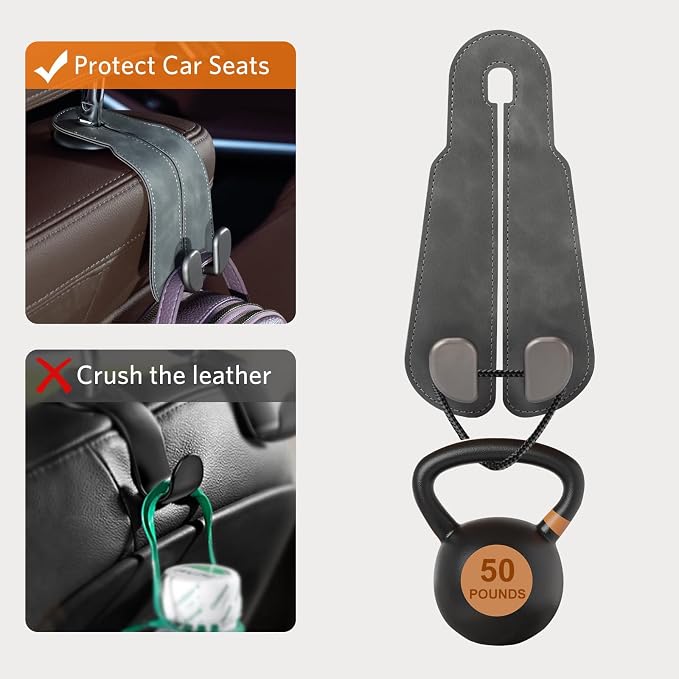 CoBak Purse Hook for Car - Universal Premium Stitched Leather and Aluminum-Magnesium Alloy Double Car Seat Back Storage Hook for Purses, Handbags, Bags (4 Pack),Gray - Image 5