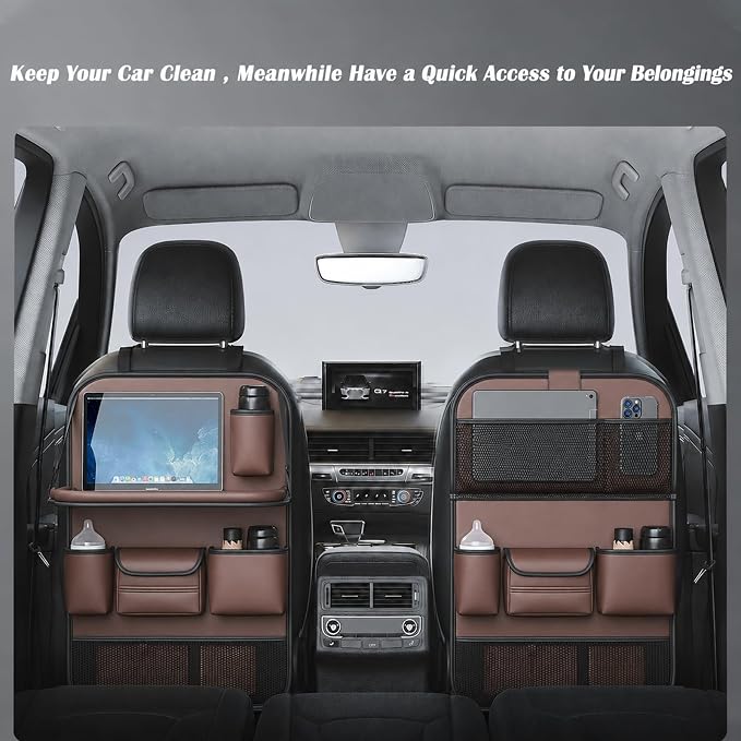 2 Pack Leather Car Backseat Organizer with Foldable Table Tray, Universal Car Seat Back Protector Kick Mat with Touchscreen Tablet Holder, Storage Pockets, Cup Holders & Tissue Holder, Brown - Image 4