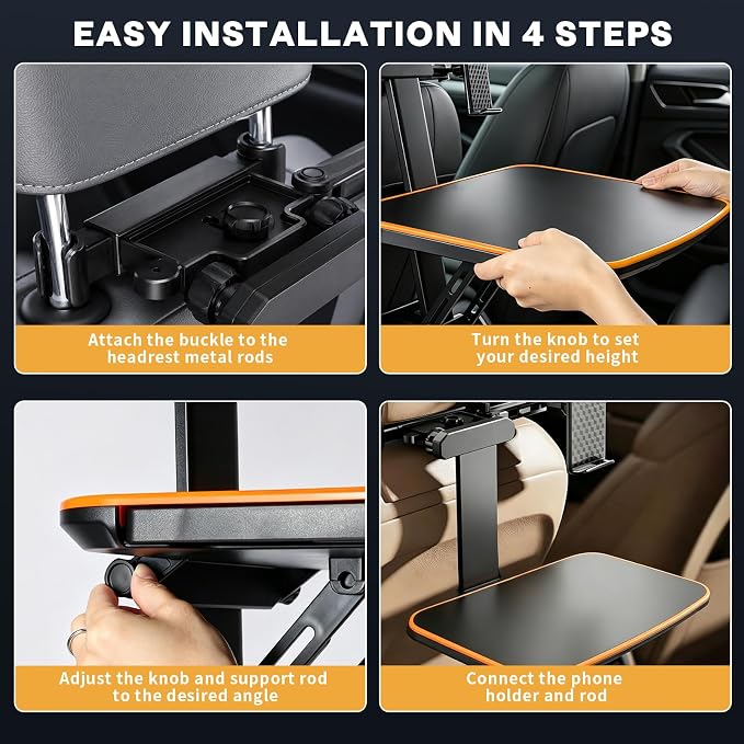 Large Car Tray Table for Back Seat with Adjustable Height | Foldable Car Desk for Laptop , Hidden Cup Holder & Phone Holder, Heavy Duty Travel Food Tray for Eating Working Road Trips - Image 8