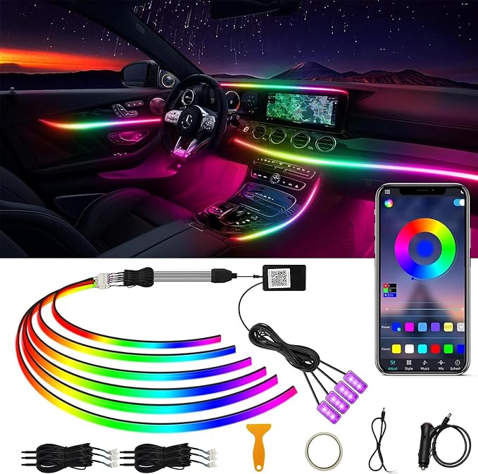 Acrylic Interior Car LED Strip Light RGB Dreamcolor 10 in1 with Wireless APP, 175 inches 593 LED 16 Million Color Fiber Optic Automotive Ambient Light Kits Music Sync Sound Activated Car Neon Lights by AMKI