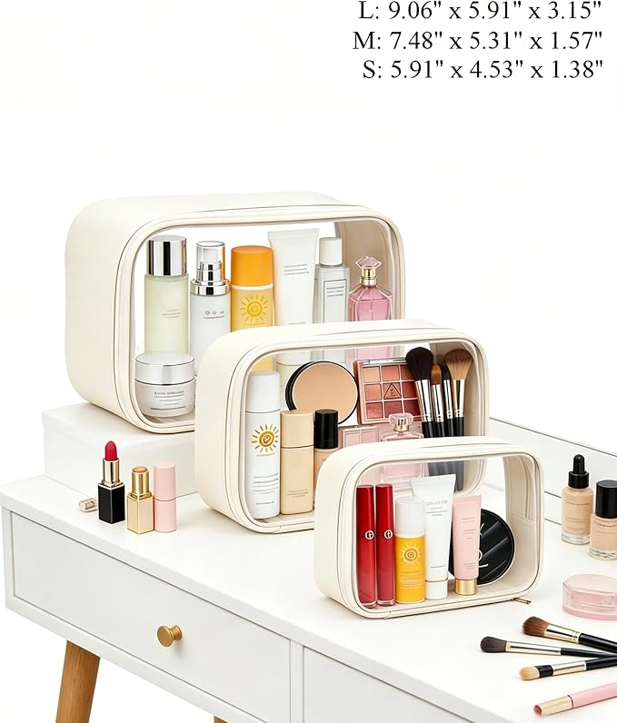 Travel Clear Makeup Bag Set for Women, 3 Pack Travel Size Toiletry Bag with Zipper Small Makeup Pouch for Purse Waterproof Portable Cosmetic Case Compact Car Organizer Storage Bag (Beige Set) - Image 2