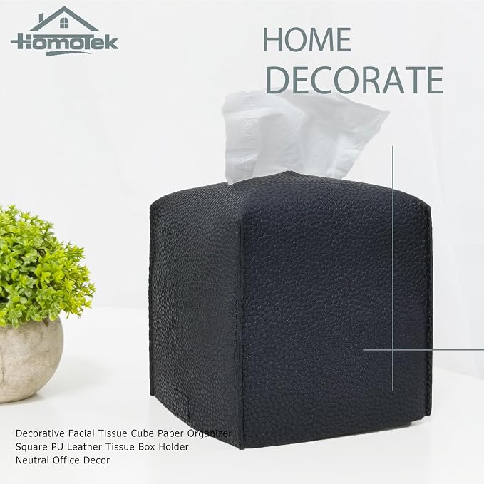 HOMOTEK 2 Pack Tissue Box Cover, Square PU Leather Tissue Holder, Decorative Facial Tissue Cube Paper Organizer Dispenser for Bathroom, Night Stands, Desk, Car 5X5X5'' - Matte Black, Pebble Grain - Image 5