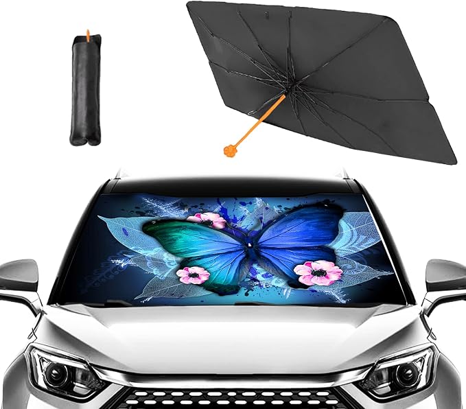 Blue Monarch Butterfly Car Windshield Umbrella,Large Size Windshield Sun Shade Umbrella for Front Windows,UV Rays and Heat Sun Visor Protector Foldable Reflector Sun Shield Fits Most Vans SUVs by Unknown