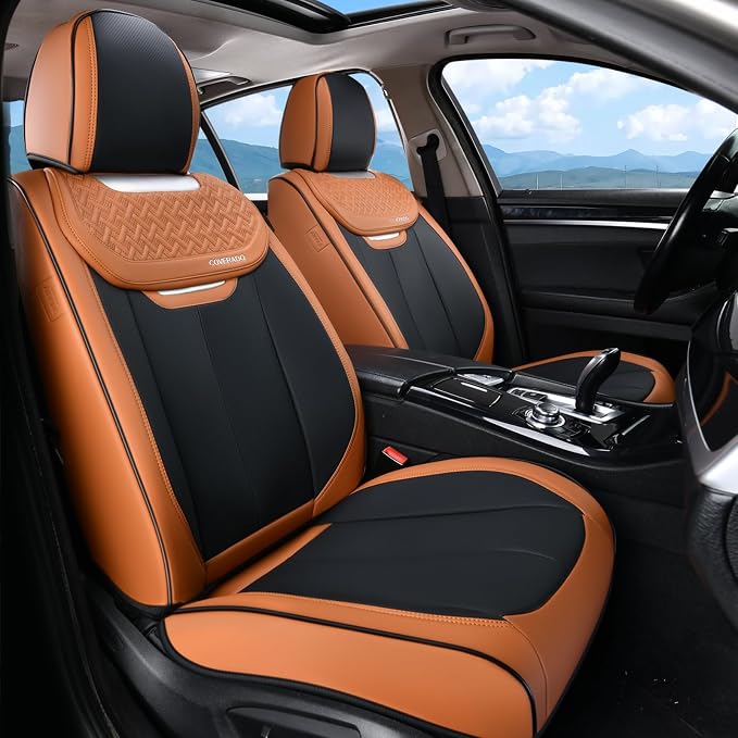 Coverado Seat Covers, Front Car Seat Cover, 2 Pack Breathable Nappa Leather Seat Cover, Waterproof Car Seat Protector, Car Seat Cushion, Universal Auto Seat Covers Fit for Most Cars (Brown&Black) by COVERADOAUTO