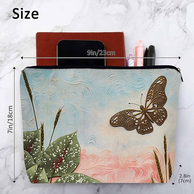 Women Cosmetic Bag Butterfly, Pond Green Leaves Floral Butterflies Cute Makeup Bag For Purse Cosmetic Travel Bag For Toiletries Makeup Storage Bag Flax Skincare Bag Make Up Pouch Bags - Image 4