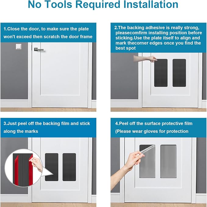 Dog Door Protector from Scratching, Steel Guard, Brushed Black 8"x16" | Prevents Claw Marks & Scuffs, Smooth Rounded Corners, Self-Adhesive Install, Anti-Scratch Kick Plate, 2 Pcs - Image 6