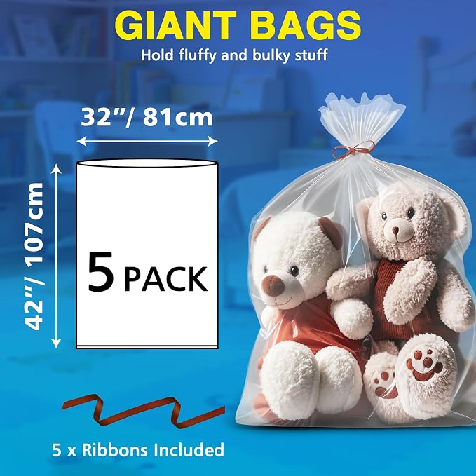 5 Pack 32” x 42” Extra Large Clear Plastic Storage Bags | 2 Mil Storage Bags Ideal for Car Seats, Suitcases, Strollers, Small Bikes, Attic Storage, Clothes, Xmas Trees, (with 5 Ties) - Image 2