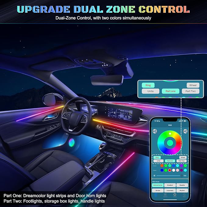 Dreamcolor Acrylic Interior Car LED Strip Light with Wireless APP, RGB 22 in 1 with 175 inches 612 LEDs Fiber Optic Strip Lights for Car, Dual Zone Symphony Neon Car Ambient Lighting - Image 4