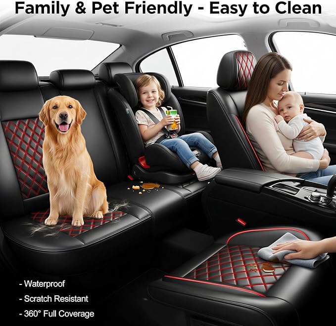 Car Seat Covers Compatible with GMC Terrain 2010-2025 2026 - Full Set 5 Seats Luxury Leather All-Weather Seat Cushions & Protectors, Waterproof & Breathable, Airbag Compatible (Redline) - Image 3