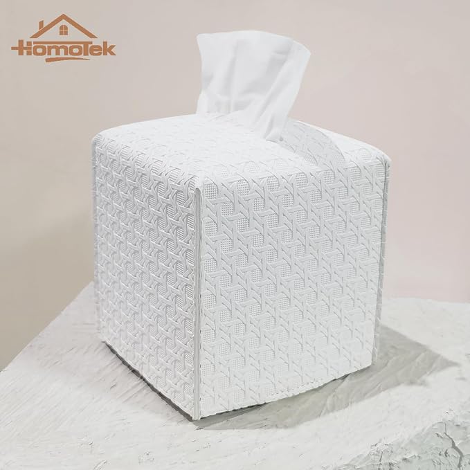 HOMOTEK 2 Pack Tissue Box Cover,PU Leather Tissue Holder,Square Decorative Facial Tissue Cube Paper Organizer Dispenser for Bathroom, Night Stands, Desk, Car 5X5X5'' - Rattan Weave, Pure White - Image 5