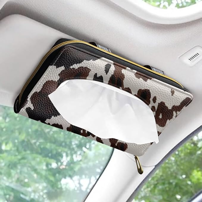 Biyejit Car Tissue Holder, Cow Hide Print Visor Napkins Box Dispenser For Car Decoration, Suitable For Most Cars, 1 Pack - Image 2