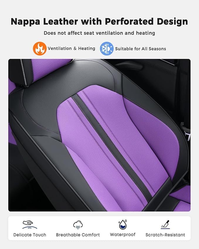 Huidasource Universal Car Seat Cover, Luxury Faux Leather Car Seat Cover Set Velcro Adjustable with Airbags, Thinning Design Perforation Cooling＆Heating Fit for Most Cars Vans Trucks SUVs Black&Purple - Image 6