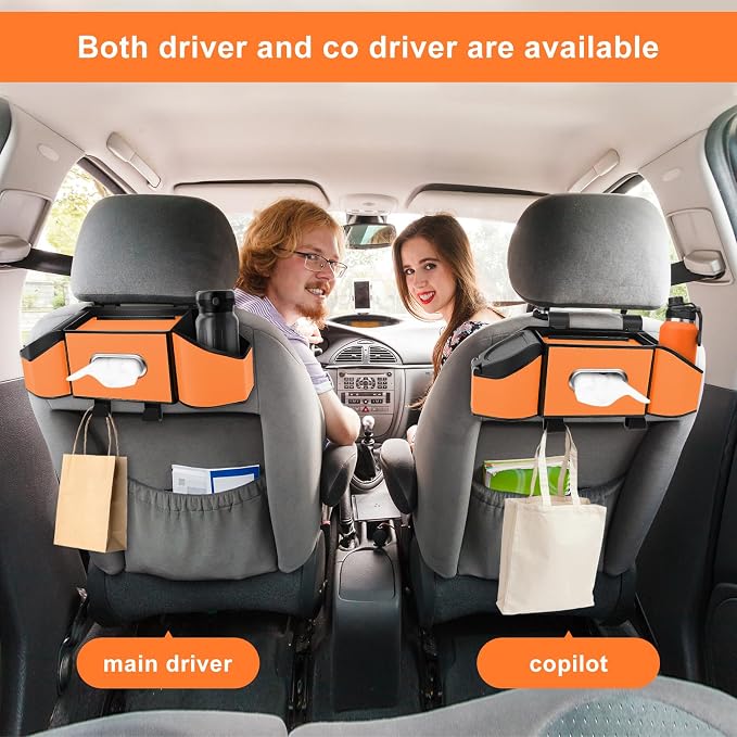 7-In-1 Car Seat Back Organizer with Cup Holders, Tissue Box, Garbage Can&Hooks, Multifunctional Headrest Storage Organizer, Headrest Cup Holder for Backseat, Car Accessories for Trips, Travels(Orange) - Image 8