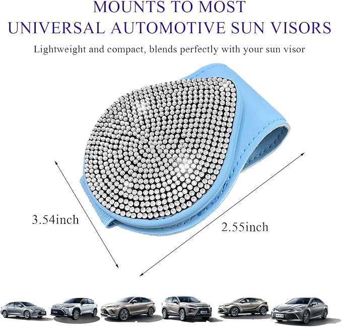 KVAEY Bling Sunglass Holder for Car Visor, Magnetic Leather Visor Clip Glasses Holder with Sparkling Rhinestones, Crystal Visor Ticket Card Clip for Women Girls, Car Accessories (Blue & White) - Image 2
