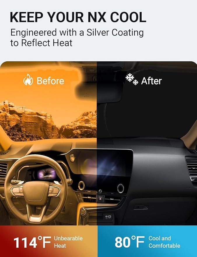 Proadsy Custom Fit 2022-2026 Lexus NX Windshield Sun Shade, Blocks Heat | 240T Heat Shield, Drops Temp 54°F, Blocks 99% UV, Prevents Dashboard Cracking, Summer Parking & Beach Trips, Easy Twist-Fold - Image 3