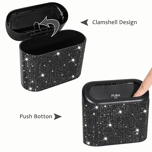 Accmor Bling Car Trash Can with Lid, Mini Auto Garbage Storage Bin with 60pcs Garbage Bags, Sparkling Crystal Trash Bags Holder Dustbin Vehicle Accessories Container Organizer (Black Rhinestone) - Image 3