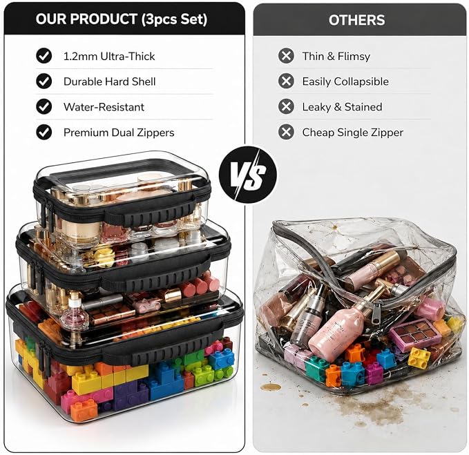 Clear Hard Shell Zipper Case 3PCS Set, 1.2mm PET Travel Organizer | Deep waterproof stackable storage pouches with handle. Heavy duty clear zipper bags for travel, makeup, toys and snacks - Image 5