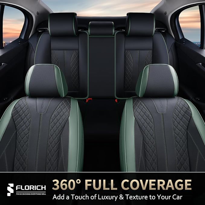FLORICH Leather Seat Covers Full Set Automotive Car Seat Cover Front and Back Waterproof Auto Seat Covers Full Coverage Car Seat Protector Cushion Universal Fit for Most Cars SUV Trucks, Black&Green - Image 9