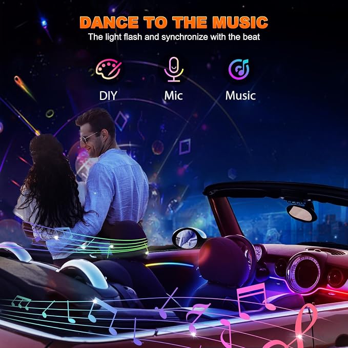 Jushope Interior Car LED Strip Lights with Dream Color, Ambient Lighting | Wireless APP and RF Remote Control Dynamic Chasing Music Sync LED Lights for Car Decoration, Car Charger or Hardwire DC 12V - Image 6