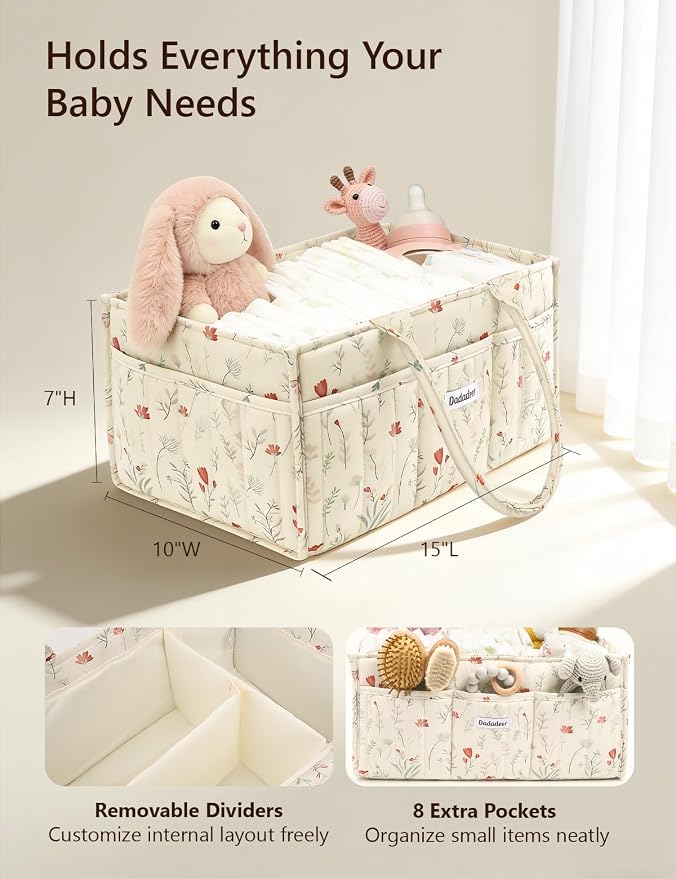 Quilted Floral Diaper Caddy Organizer, Nursery Storage Basket with Dividers | Waterproof Caddy with Sturdy Handles, Portable for Changing Table or Car, Newborn Essentials, Baby Shower Gifts - Image 3