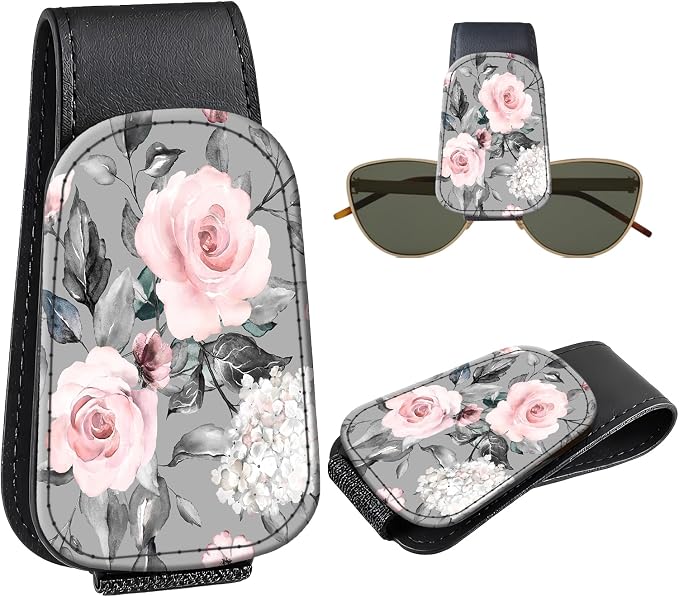 Leather Magnetic Sunglass Holder for Car Sun Visor, Cute Eyeglass Ticket Card Hanger Clip, Universal Auto Interior Accessories for SUV Pickup Truck, Gray Rose by Unknown