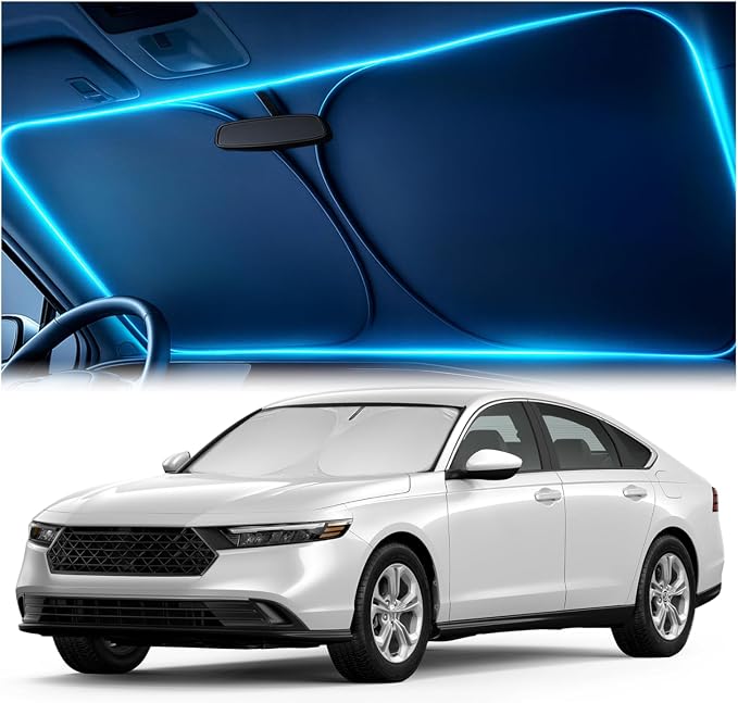 Windshield Sun Shade for Honda Accord 2023, 2024, 2025, 2026 – Custom Fit Sun Shield with Mirror Cut‑Out, Blocks Heat & UV, Foldable with Storage Pouch - Honda Accord Windshield Sunshade by Autopect