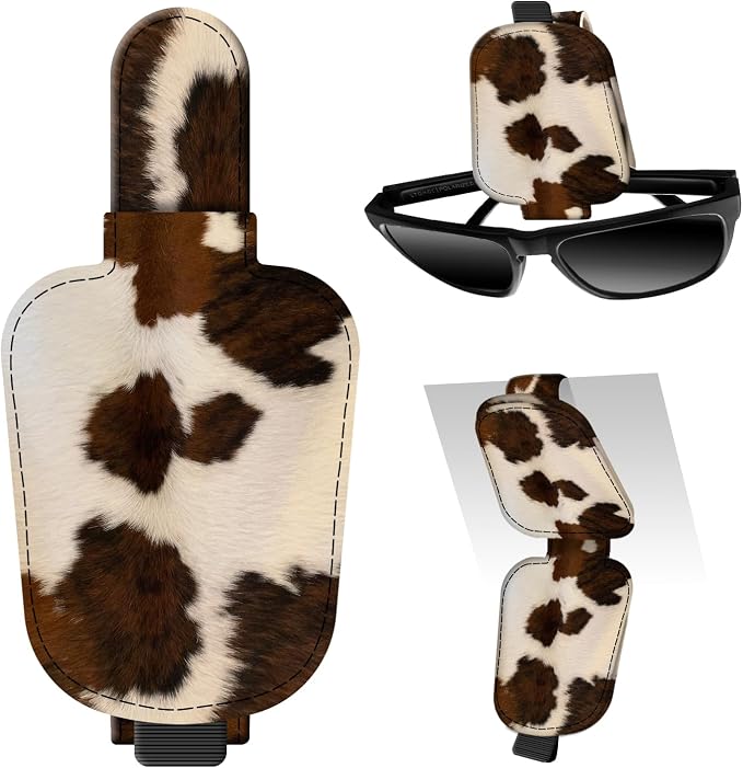 Leather Magnetic Sunglass Holder for Car Sun Visor, Cute Eyeglass Ticket Card Hanger Clip, Universal Auto Interior Accessories for SUV Pickup Truck Brown Cow Print by Unknown