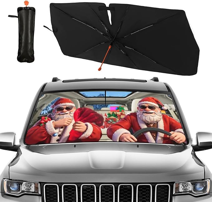 Fun Christmas Man Driving Car Windshield Sunshade Umbrella Christmas Sun Shade for Car Windshield Umbrella Upgraded Sunshades Blocks UV & Heat Front Window Shades for SUV Sedan Auto - Image 2