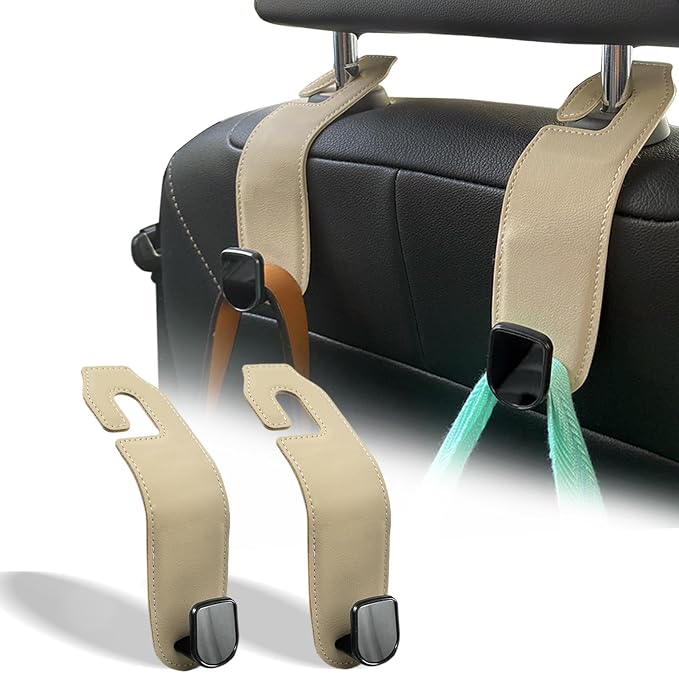 Car Seat Headrest Hook, 2 Pack Leather Car Purses and Bags Hooks Holder Hanger for Groceries Organization Accessories, Tan by Teoenix
