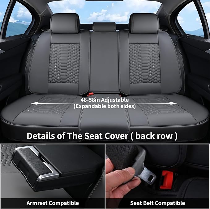 Coverado Car Seat Covers Full Set, Nappa Leather Seat Covers for Cars, 5 Seats Universal Waterproof Seat Covers, Front and Back Car Seat Protector, Automotive Seat Covers Fit for Most Cars, Gray - Image 3