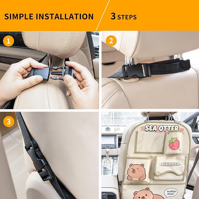 kids Leather Car Backseat Organizer with Foldable Table Tray, Car Storage Organizer with Tablet Holder, Car Seat Back Protectors Kick Mats, Travel Accessories (SEA OTTER2) - Image 9