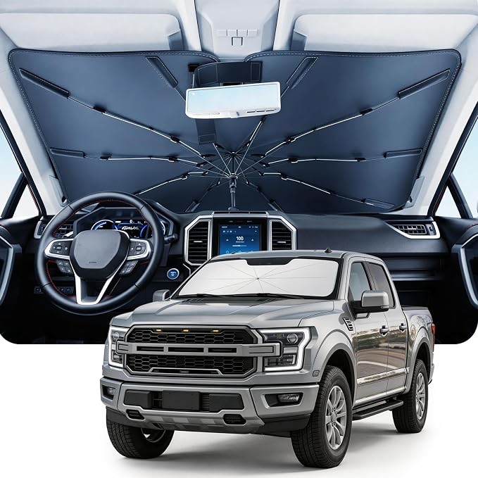 DMJN Umbrella Windshield Sun Shade for Ford F150 F250 F350 F450 (2015-2026), Car Sunshade for Front Windshield [Nano Ice-Crystal Coatings] UPF50+ Heat & UV Block, Protect Interior & Keep Cooler by DMJN