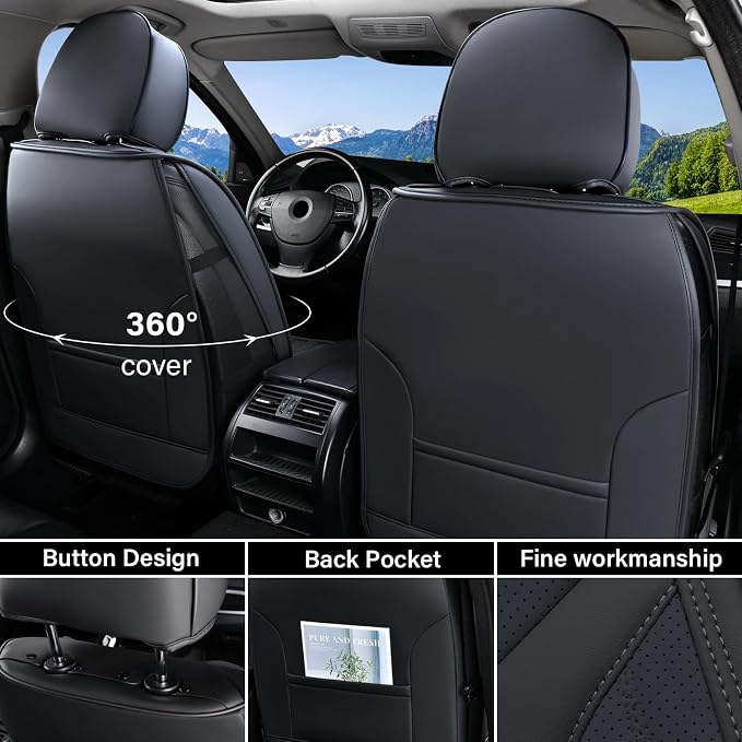 Coverado Leather Seat Covers for Cars, Car Seat Covers Full Set, Breathable Car Seat Protector with Lumbar Support, Black Seat Covers, Front and Back Waterproof Seat Cover Universal Fit for Most Cars - Image 4