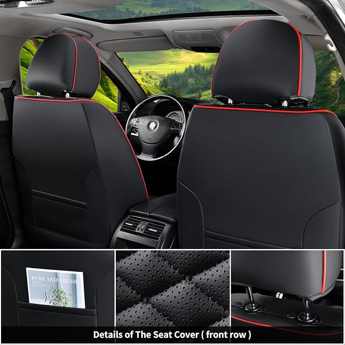 Coverado Seat Covers Full Set, Waterproof Nappa Leather Seat Covers for Cars, 5 Seats Universal Car Seat Protectors, Black Car Seat Covers Car Seat Cushions Fit for Most Cars (Black&Red) - Image 4