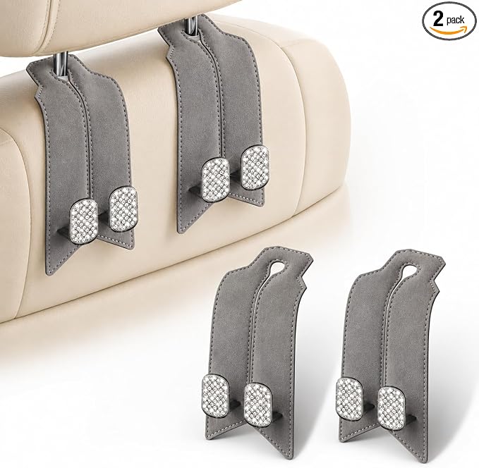 2 Pack Bling Car Headrest Hooks, Purse Hangers, Crystal Gray | Sparkling rhinestones, premium leather, and dual metal hooks add style while holding purses, bags, coats, and groceries. by atFivoy