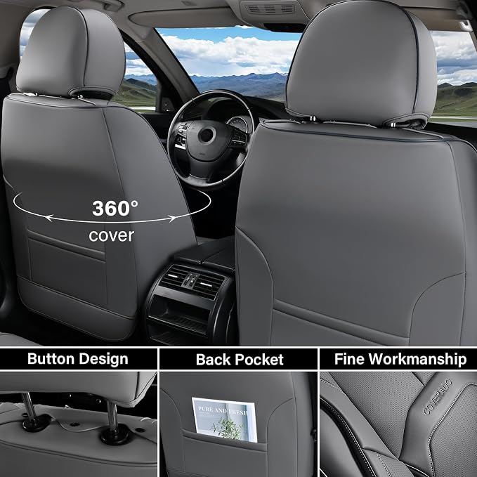 Coverado Car Seat Covers Full Set, Premium Nappa Leather Seat Covers for Car, Waterproof Car Seat Protector with Lumbar Support, Automotive Seat Covers Universal Fit for Most Cars SUV Truck(Gray) - Image 2