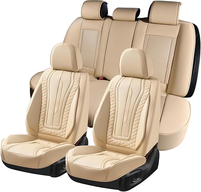 Coverado Car Seat Covers Full Set, Leather Seat Coversfor Cars, Front and Back Seat Covers, Waterproof Car Seat Protectors Car Seat Cushions Universal for Most Vehicles, Beige by COVERADOAUTO