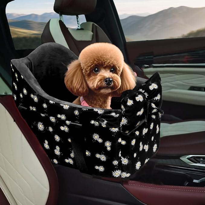 Center Console Dog Car Seat for Small Dogs Up to 11 Lbs | Anti-Collapse Booster Armrest Pet Bed For Chihuahuas And Yorkies, Black by HANMEIANINC
