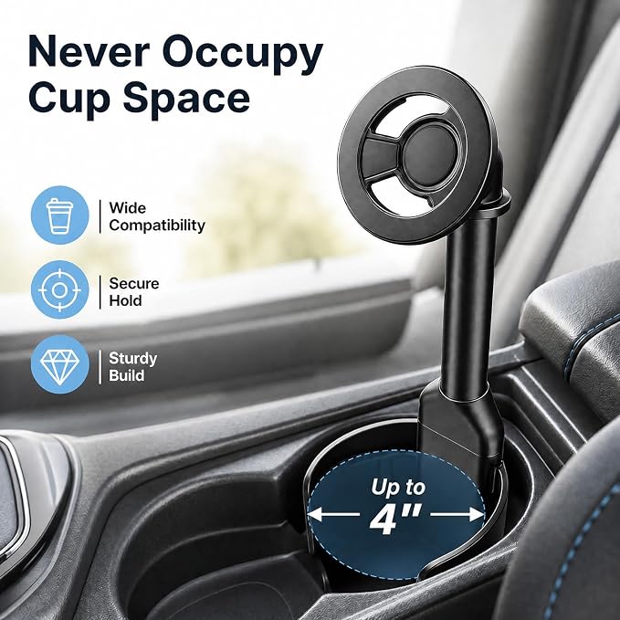 Magnetic Cup Holder Phone Mount for Car, 2 in 1 One-Hand Operation Adjustable Vehicle Cupholder Expander Phone Holder, Compatible with iPhone Android Smartphones - Image 5