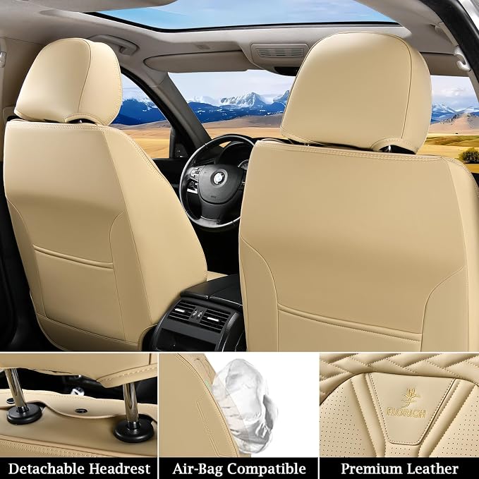 Leather Seat Covers, Seat Covers Full Set, Car Seat Protectors 5 Seats, Automotive Seat Covers Fit for Most Cars Trucks-Beige - Image 5